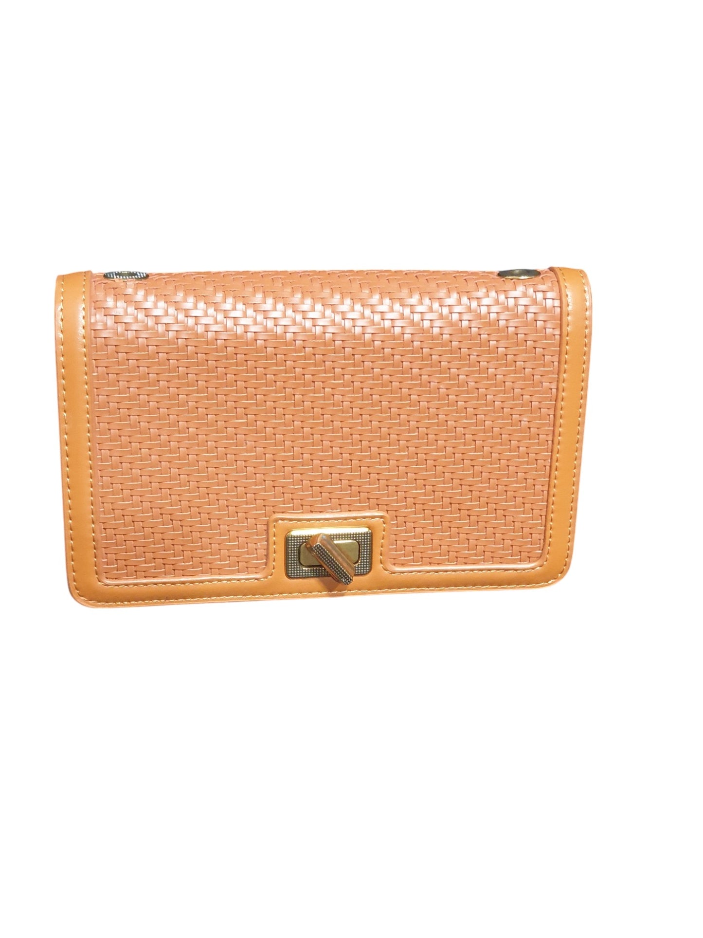 "Saffron Weave Luxe: Textured Clutch Bag with Twist-Lock Charm"