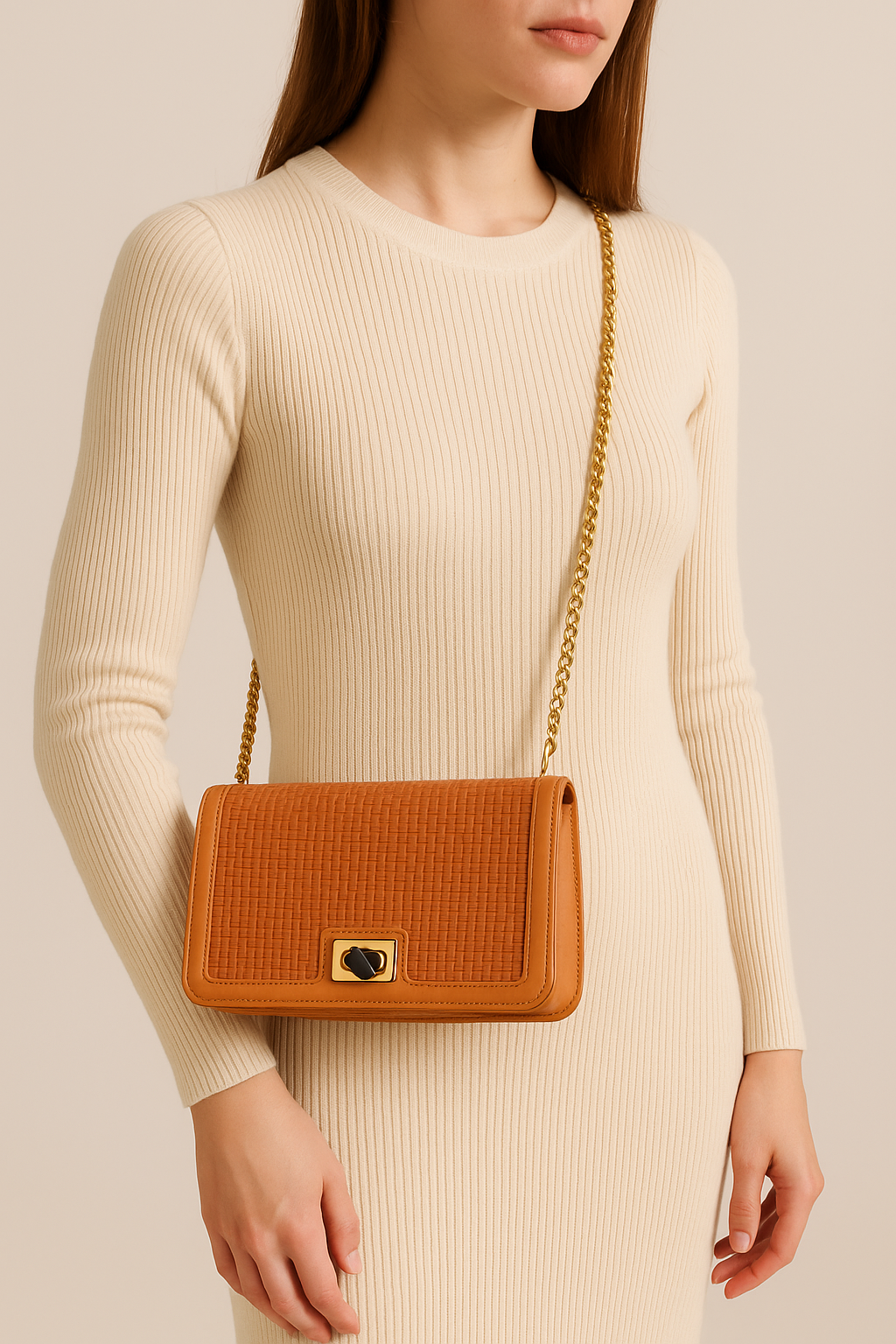 "Saffron Weave Luxe: Textured Clutch Bag with Twist-Lock Charm"