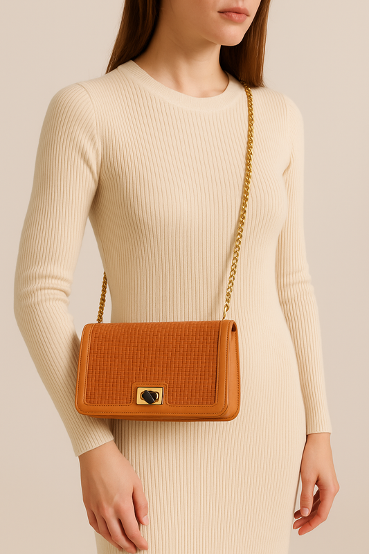 "Saffron Weave Luxe: Textured Clutch Bag with Twist-Lock Charm"
